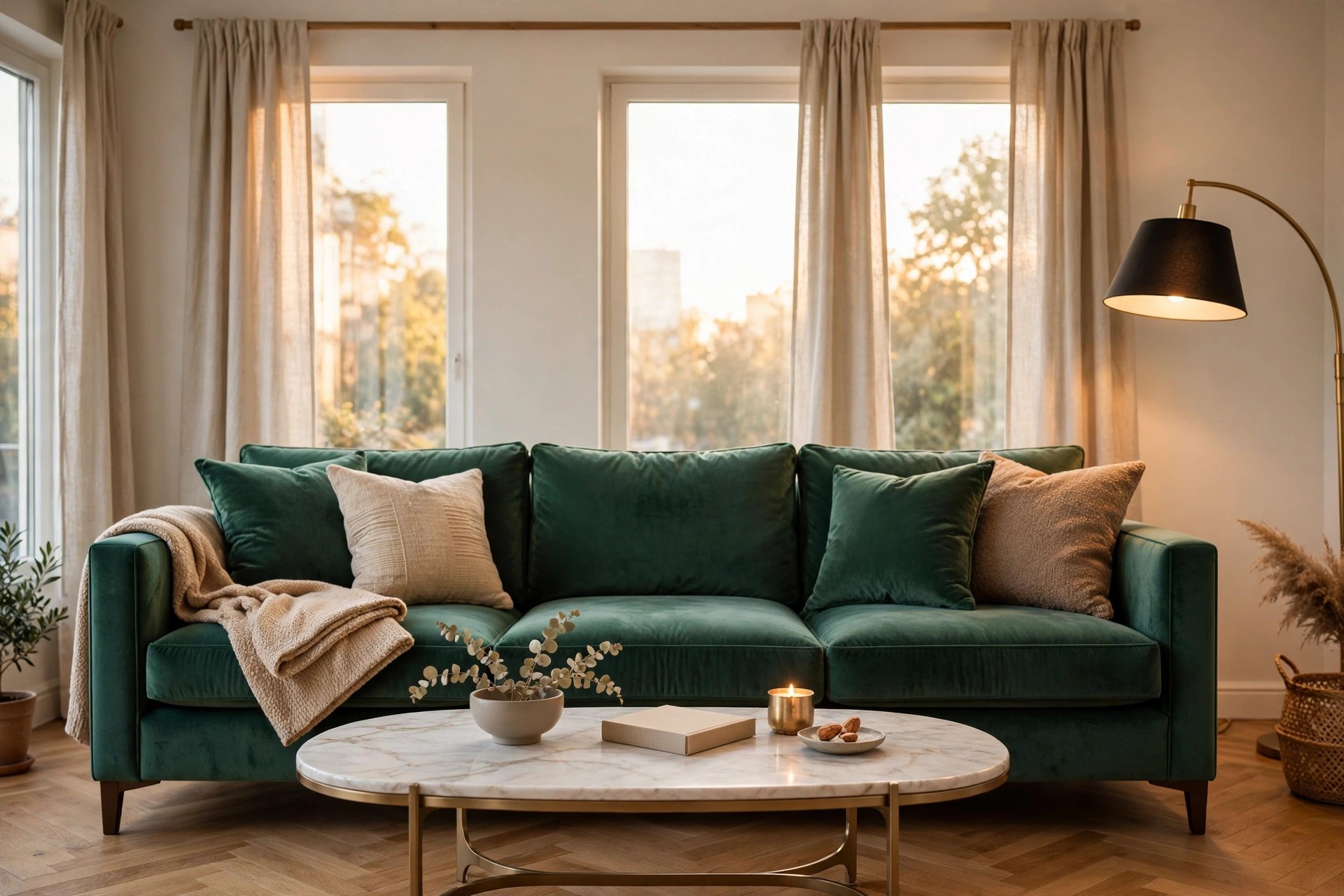 Same living room with stunning emerald velvet sofa and designer coffee table styled by New Vimca Furnishing