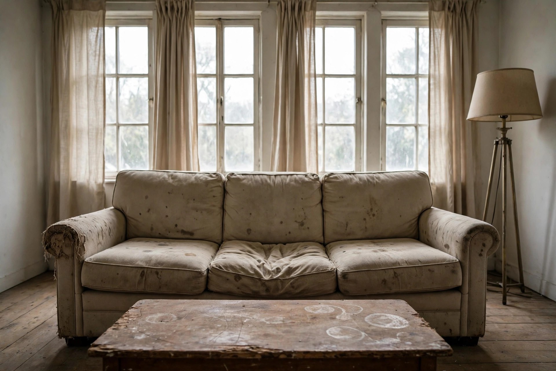 Same living room with old worn-out sagging sofa